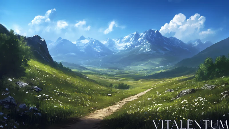 Sunny wildflower valley winding toward distant blue peaks.