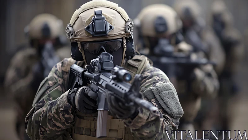 Armed tactical soldiers advancing with rifles in formation.