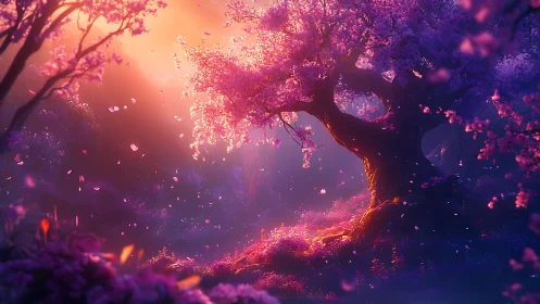 Enchanted cherry blossom tree glows in a dreamy twilight forest