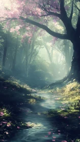 Luminous Forest Stream: Ethereal Landscape Through Bloom-Laden Canopy.