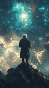 Stargazer on the ridge beneath swirling cosmic skies.