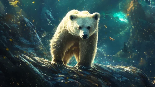 Illuminated bear on wet rock ridge under teal aurora haze