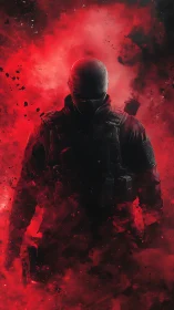 Silhouetted tactical soldier emerging through red smoke storm.