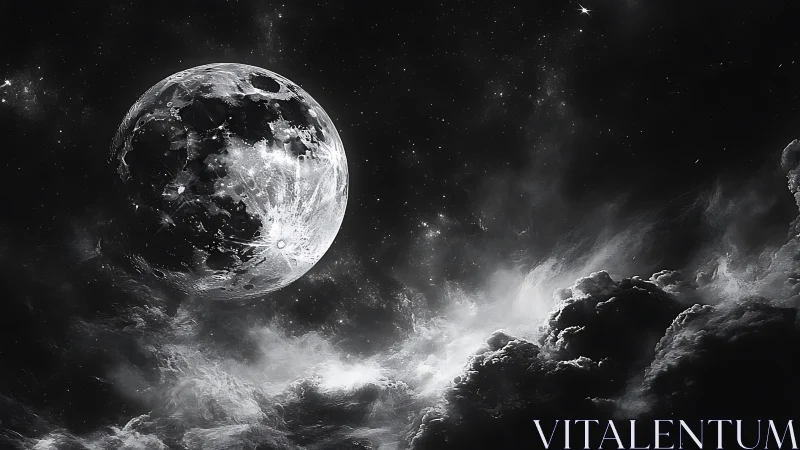 Luminous moon over turbulent cloudscape in monochrome space.