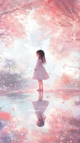 Girl of cherryblossom light beside a dreaming mirror pond.