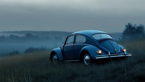 Vintage blue car rests in misty dawn countryside silence