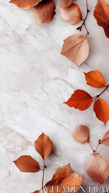 Autumn leaves arranged on light marble surface in flatlay composition