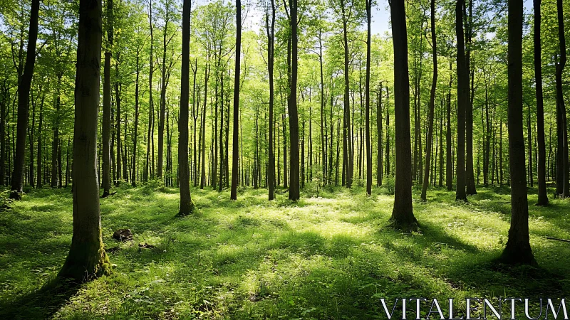 Sunlit forest landscape with tall trees and lush green foliage.