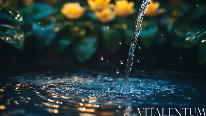Garden fountain stream splashing into tranquil blue pool.