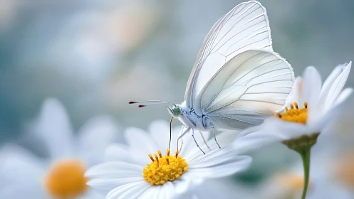 Porcelain-winged butterfly sipping dawn on soft daisies.