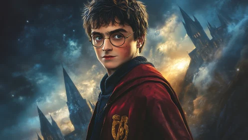 Young wizard portrait before stormy gothic castle.