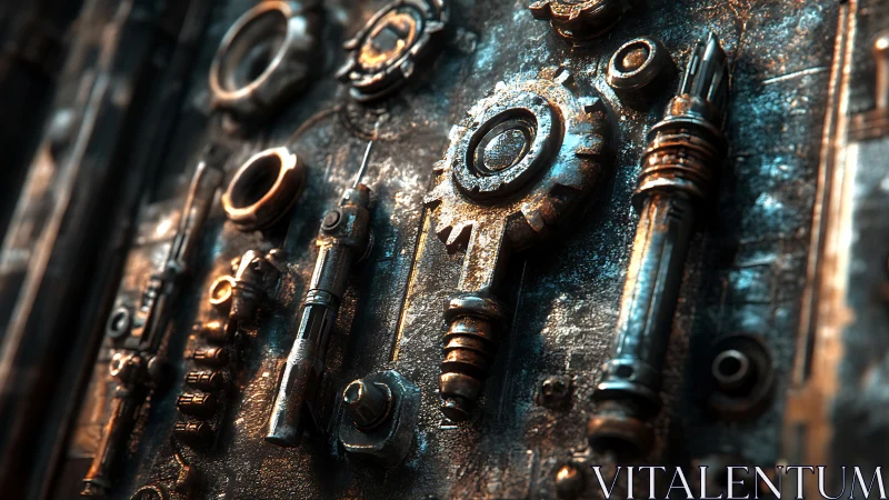 Cyberpunk industrial relief with mechanical keyform plating.