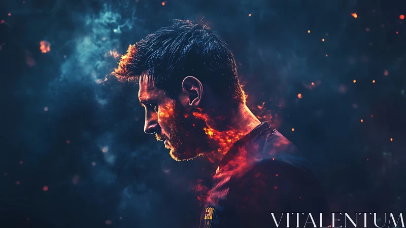 Fiery football portrait within dark smoke-filled void.