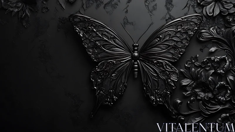 Black sculpted butterfly on dark floral embossed background.