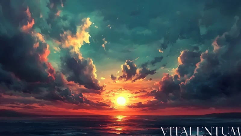 Glowing ocean sunset wrapped in dramatic, colorful clouds.