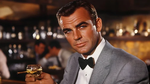 Man in gray suit with bow tie holding whiskey glass at bar