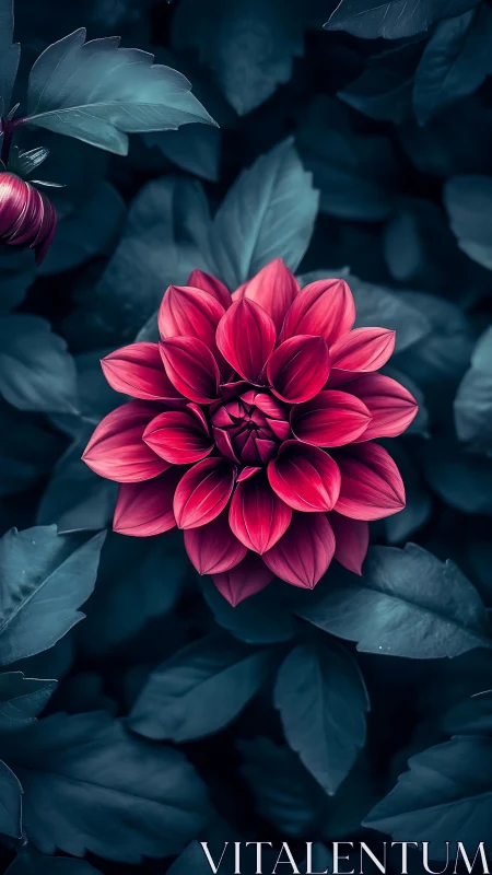 Vibrant Pink Dahlia Blooming in Moody Teal Foliage