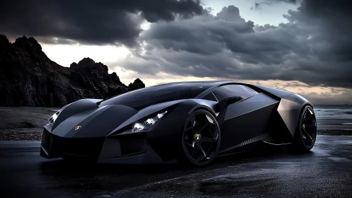 Low-slung matte black hypercar contrasts stormy coastal lighting