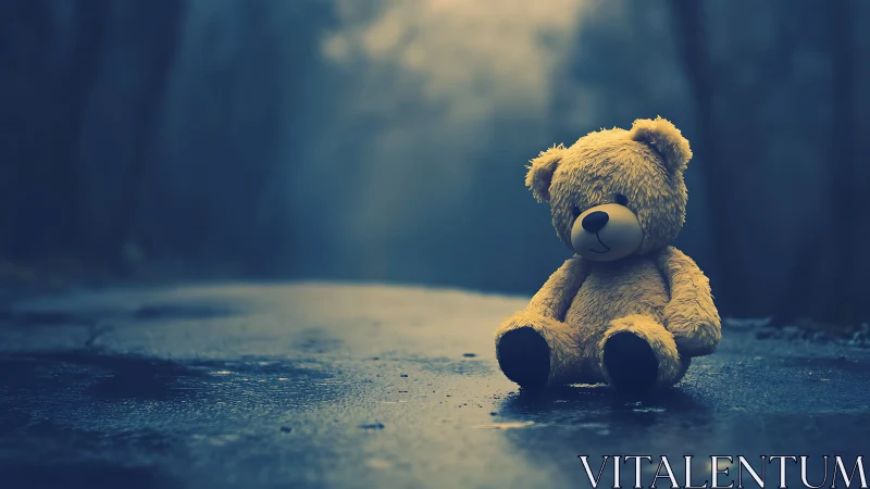 Teddy bear on wet roadway in dim forest setting at dusk.