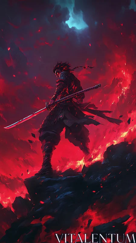 Dark samurai stands over burning chasm under storm sky