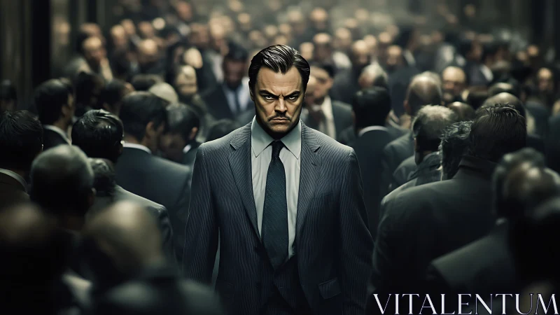 Lone suited figure carves a stern path through crowded blur.