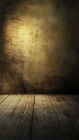 Golden light washes distressed wall and worn wood floor.