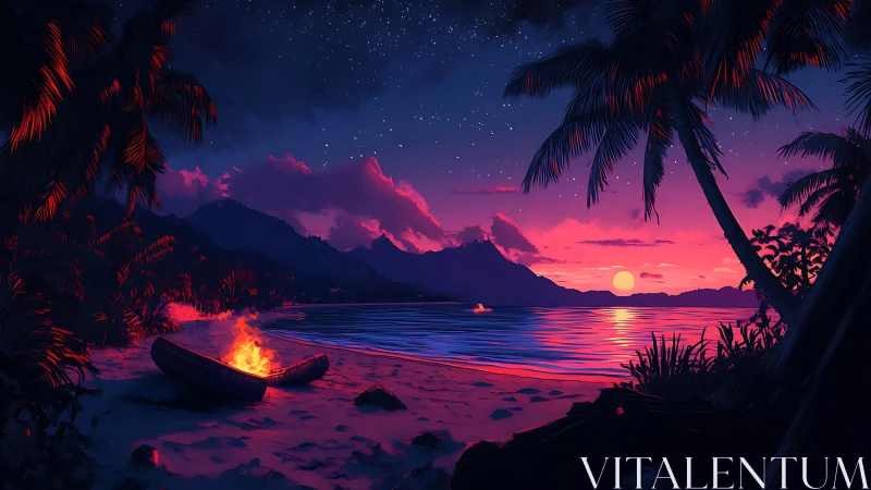 Tropical Nocturnal Luminescence: Coastal Campfire Sunset Convergence.