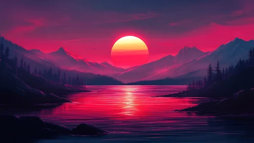 Neon sunset over stylized mountains and reflective lake.