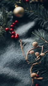 Holiday fir branches with berries on textured dark fabric.