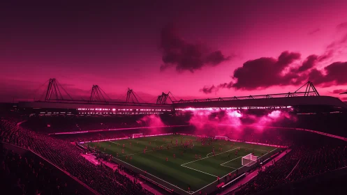 Neon pink night floods a packed football stadium in light.