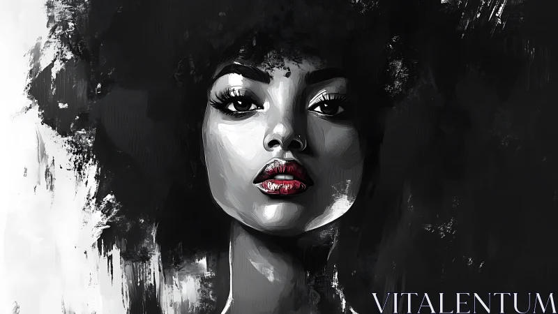 Monochrome portrait of woman with bold red lips and afro