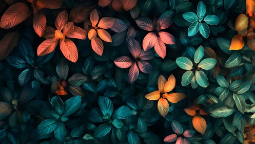 Neon garden drifts between twilight leaves and soft embers