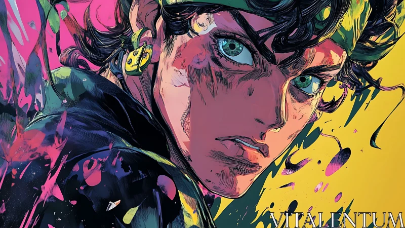Expressive anime portrait with neon ink-splatter dynamics.