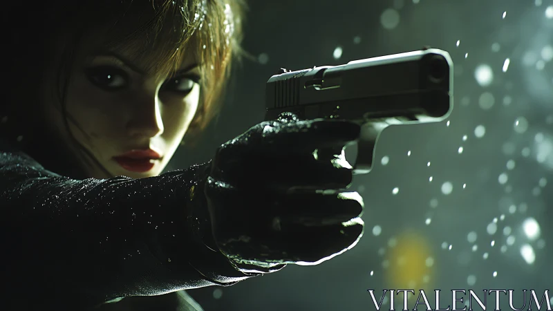 Midnight agent steadies a silver pistol in neon snowfall