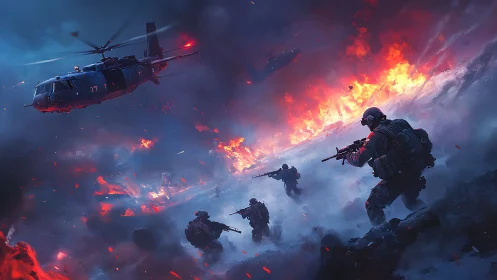 Military infantry advance under helicopter support at night.