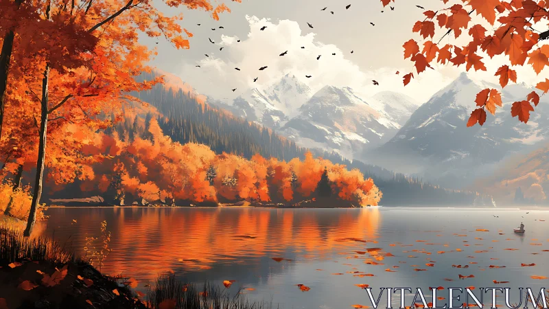 Autumn lake with orange forest and distant snowy peaks.