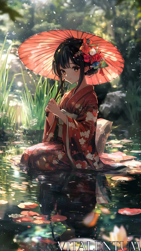 Kimono-clad girl with parasol seated in reflective pond.