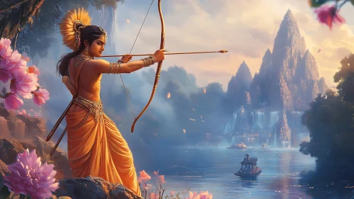 Archer in saffron attire aiming across serene river valley.