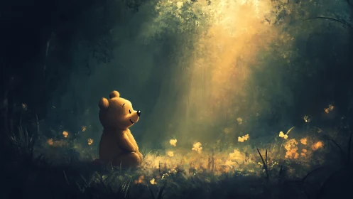 Soft woodland bear basking beneath a golden storybook sun.