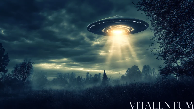 Nocturnal forest clearing illuminated by hovering saucer craft