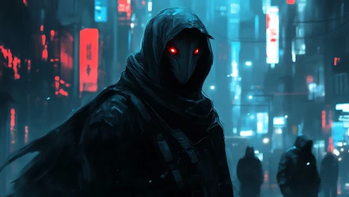 Hooded cybernetic watcher stalks neon city street at night
