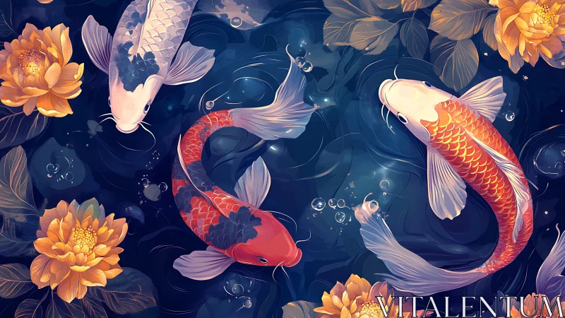 Koi carp and lotus flowers in stylized dark pond scene.