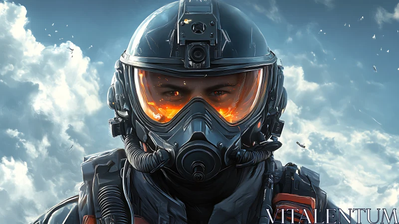 Futuristic fighter pilot portrait with blazing visor glow.