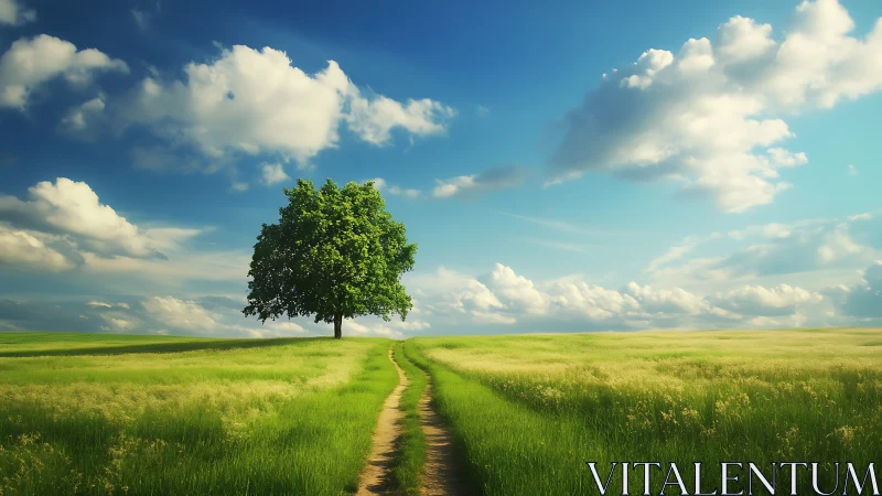 Solitary tree beside winding path in sunlit meadow landscape.