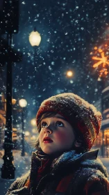 Snowlit wonderkid beneath lanterns and quiet city glow.