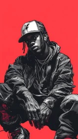 Chrome-jacketed beat poet against fever-bright red backdrop.