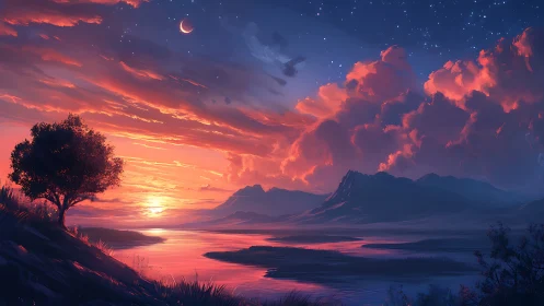 Twilight river dream under ember clouds and a silver crescent.