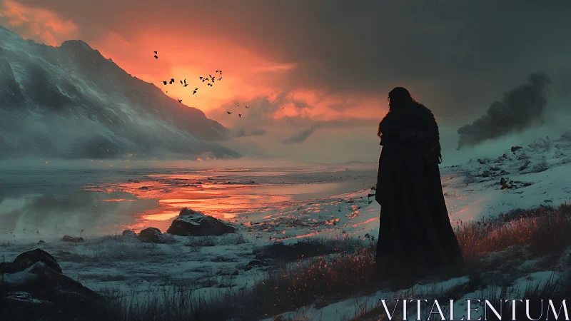 Winter-cloaked wanderer watches ember skies swallow dusk