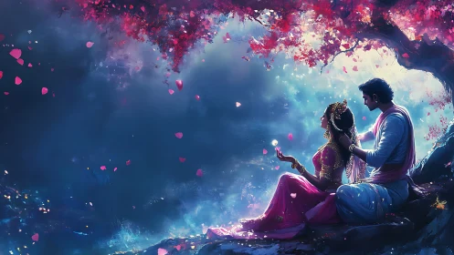 Luminescent fantasy scene depicting two figures in ornate clothing exchanging vows beneath flowering