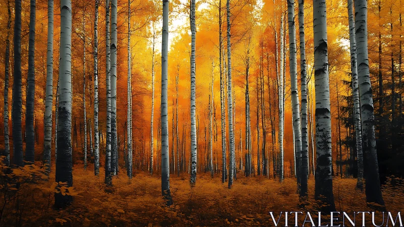 Birch forest panorama in saturated golden autumn light.